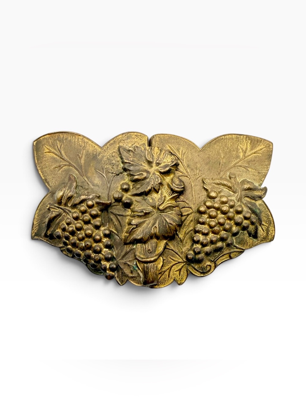 Antique Art Nouveau repoussé brass grape-motif belt sash buckle